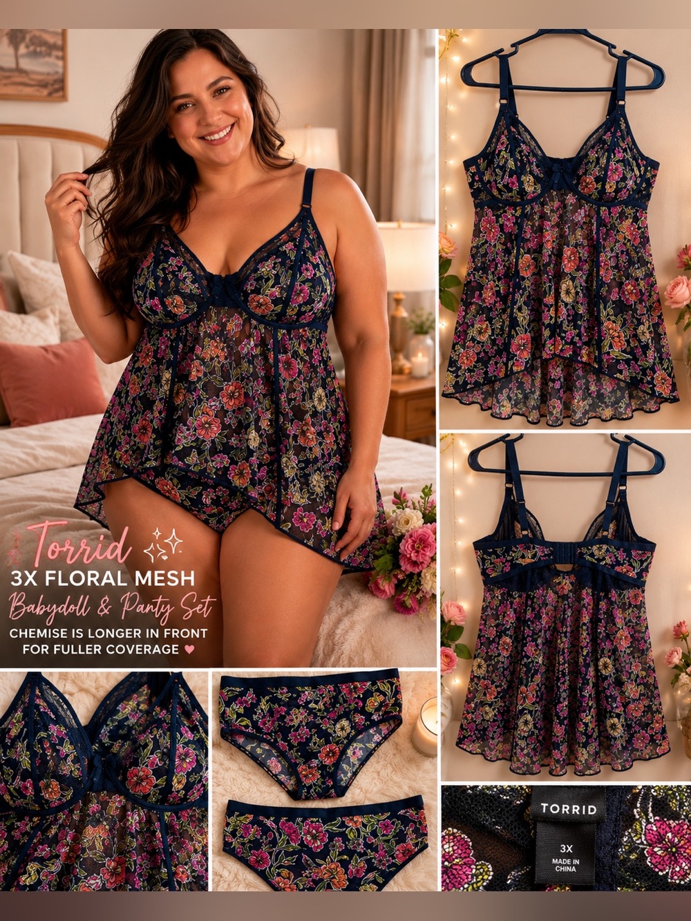 💕 Power Title: Discontinued Torrid Floral Mesh Babydoll Lingerie Set 3X